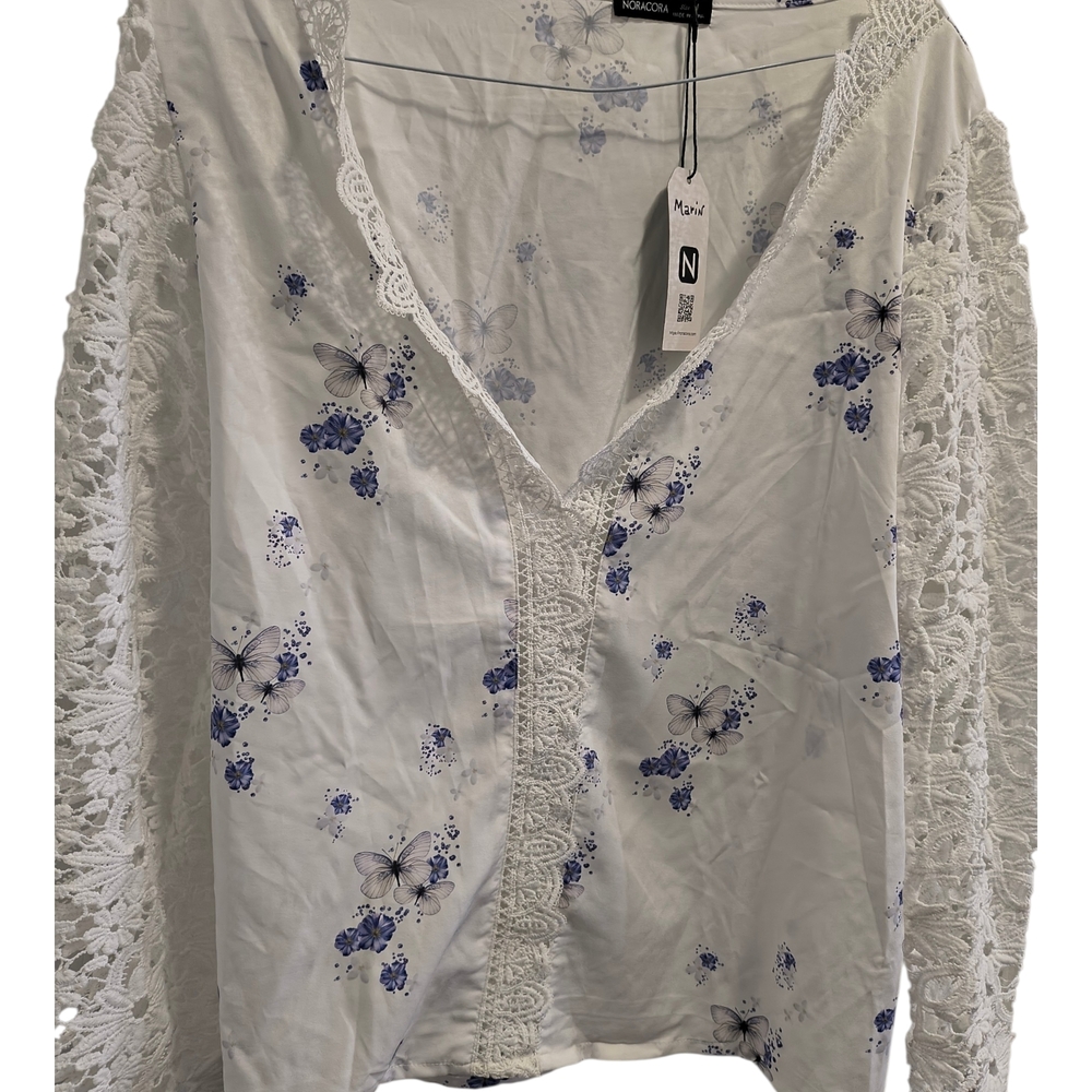 Noracora White and Blue Lace Detail Women's Top